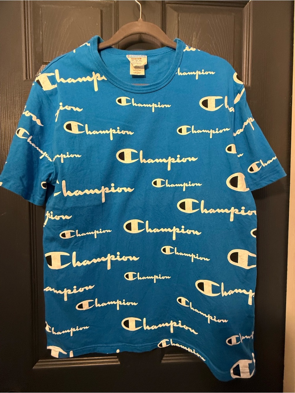 Champion Men’s Medium Blue All Over Script Logo T-Shirt 100% Cotton EUC